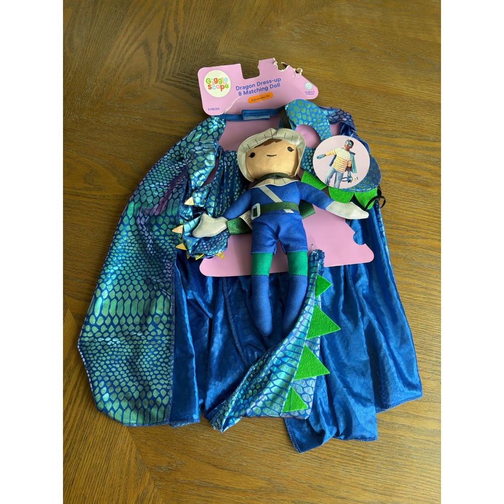 Giggle Scape Kids Dragon Dress-up & Matching Doll Set Blue Green 5 Piece NIB